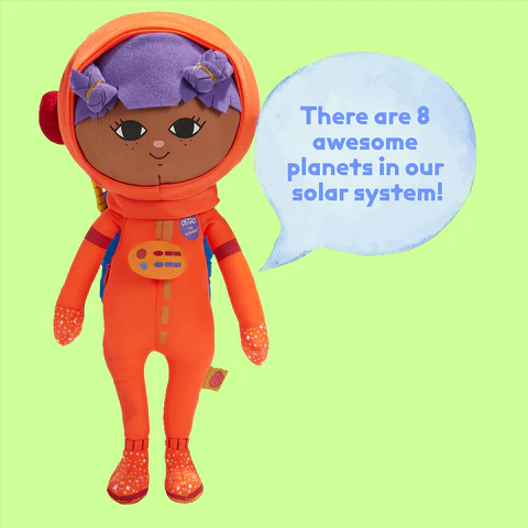 astronaut doll saying "there are 8 awesome planets in our solar system!"